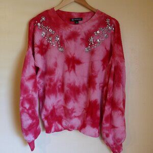 INC International Concepts Size M Jeweled Red Pink Tie-Dye Sweater